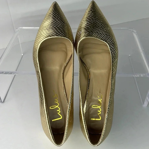 Lulus Alessia Gold Metallic Snake Embossed Low Block Heel Pointed-Toe Flats Sz 7 - Picture 10 of 16